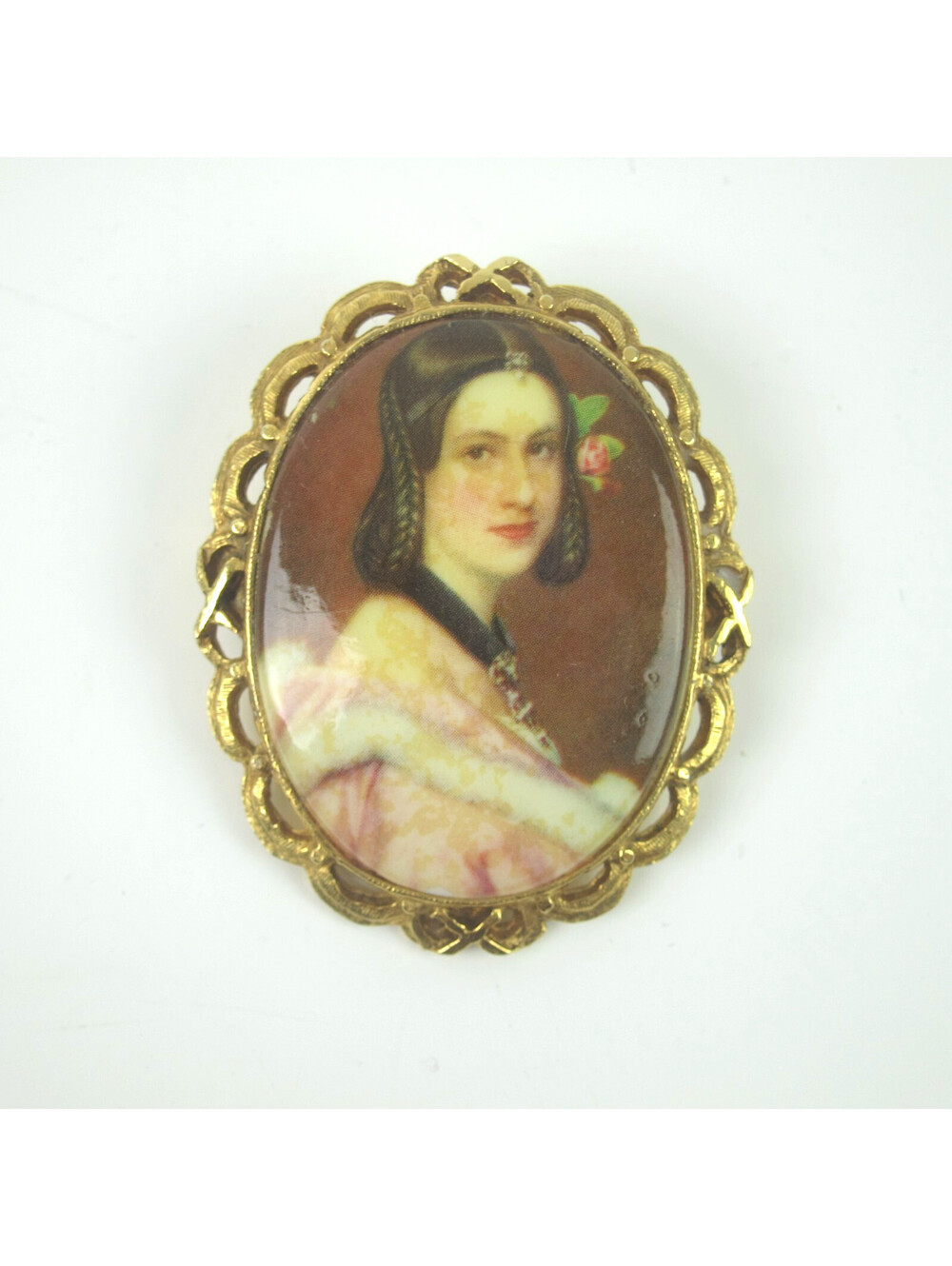 Vintage Cameo Pin Brooch Gold Tone Victorian Revival Lady Portrait Pink Dress 2"